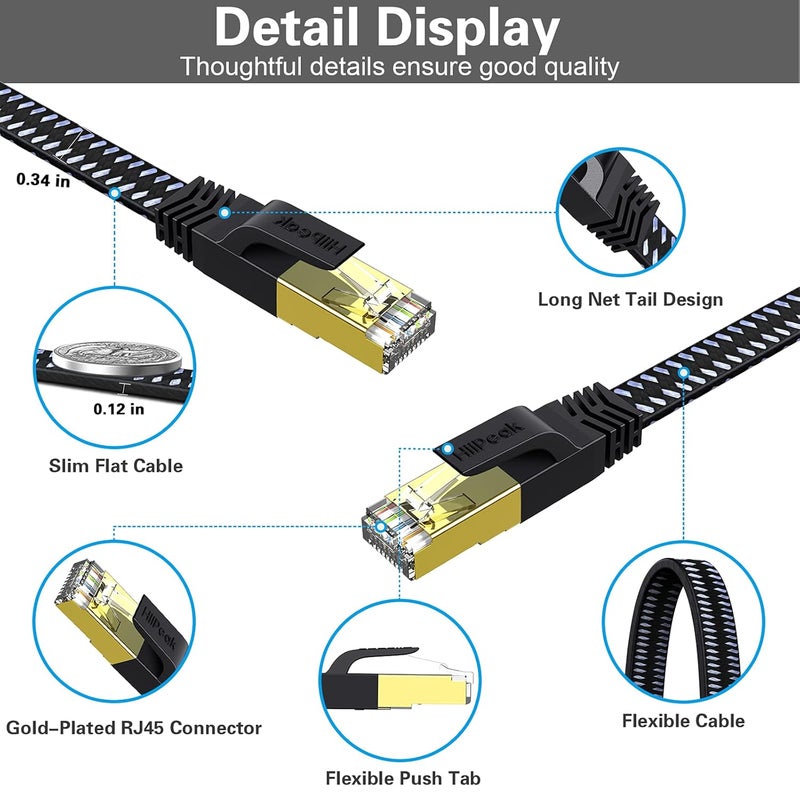 HiiPeak Cat 8 Ethernet Cable 5 ft, Flat Nylon Braided Internet Network Patch, High-Speed 40Gbps RJ45 for Modem, Router, PC, Xbox, Laptop, Computer, Black & Grey - Image 3